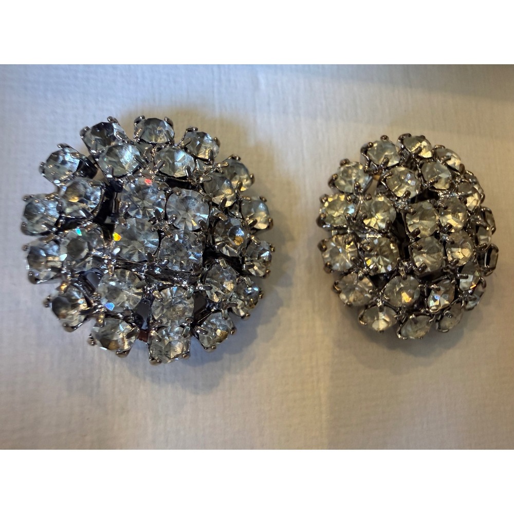 Vintage Silver Tone Clear Rhinestone Domed Cluster Clip-On Statement Earrings